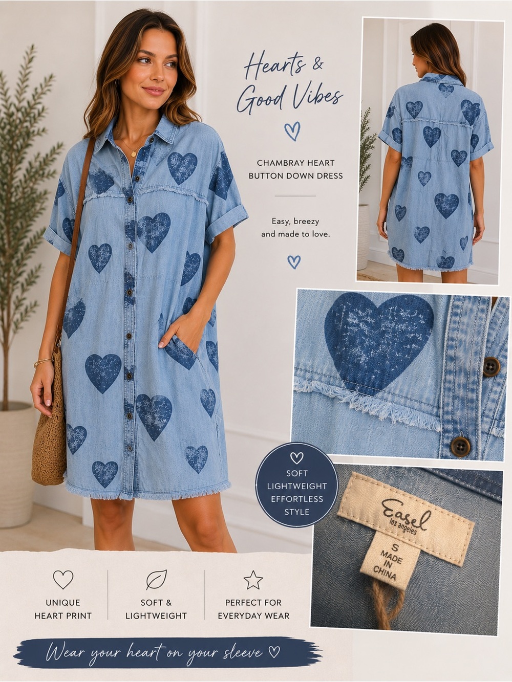 Easel Button Down Shirt Size S Blue Navy Heart Print - Picture 1 of 5